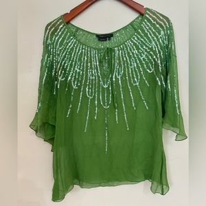 BCBG Maxazria Emerald Green Sequins BOHO Silk Peasant Blouse Tunic Top